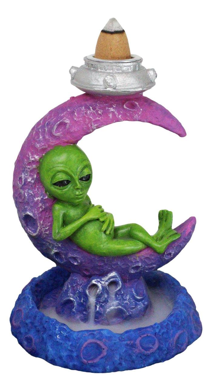 ebros gift UFO Green Roswell Alien Sleeping On Crescent Crater Moon Backflow Incense Burner