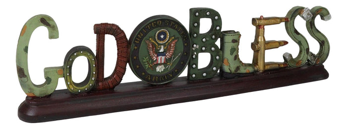 Ebros Gift US Army Military Eagle Emblem Bullets And Camo Boots God Bless Word Art Plaque