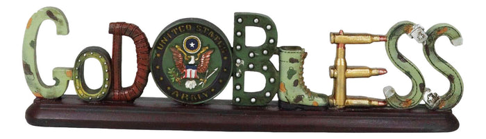 Ebros Gift US Army Military Eagle Emblem Bullets And Camo Boots God Bless Word Art Plaque