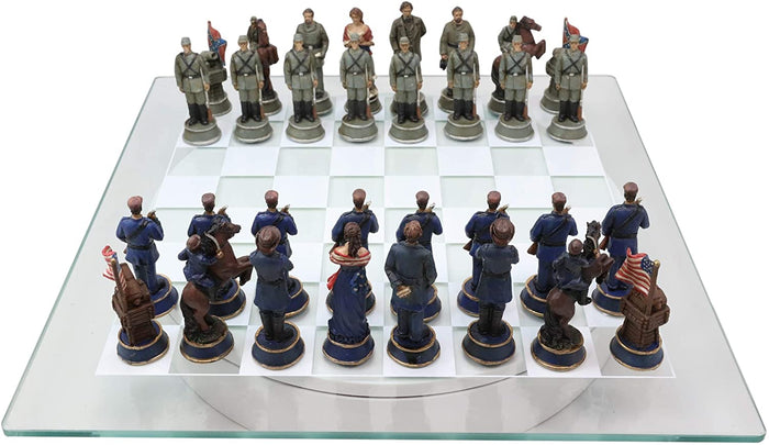 ebros gift US Civil War Union North VS Confederate South Chess Pieces And Glass Board Set