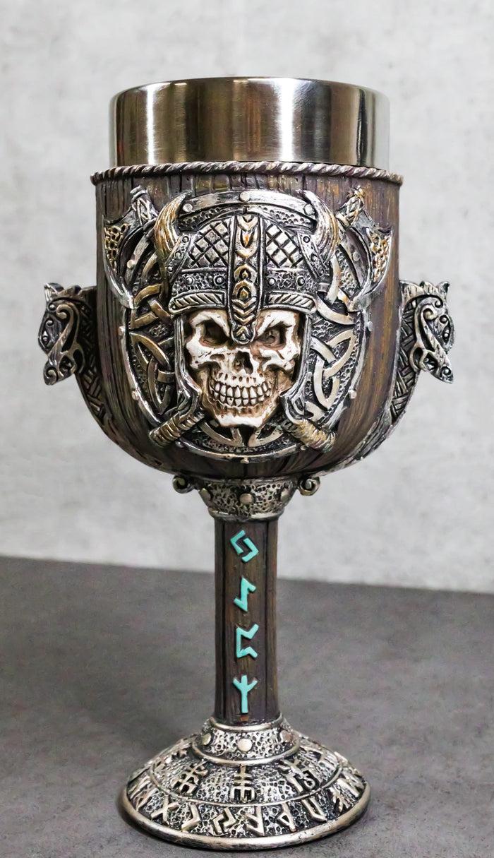 ebros gift Valhalla Viking Warlord Skull Dragon Longship With Rune Symbols 6oz Wine Goblet