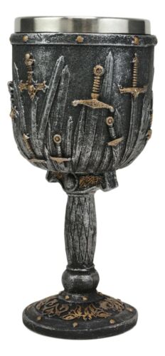 Ebros Gift Valyrian Steel Swords And Armory With Excalibur Sword Hilt Stem Wine Goblet 6oz