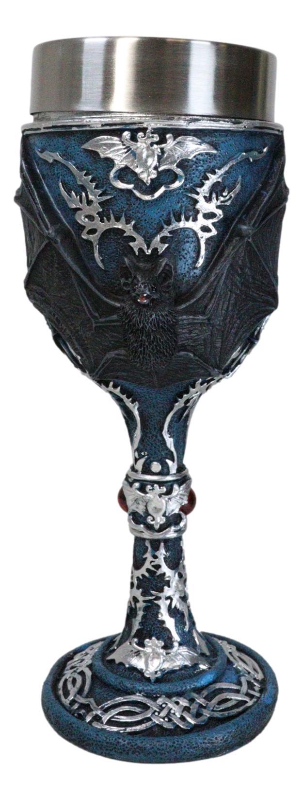 Ebros Gift Vampire Flying Bat Blue With Silver Knotwork Scroll Patterns Wine Goblet Chalice