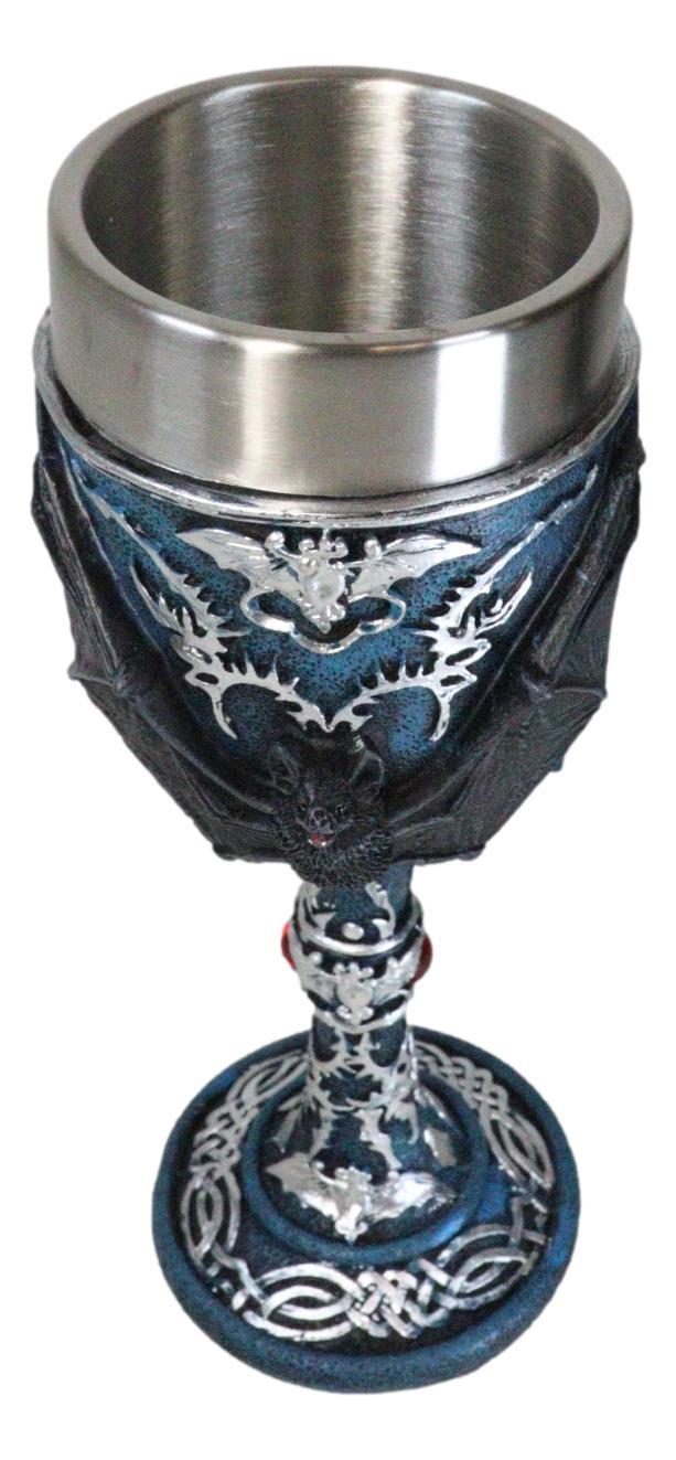 Ebros Gift Vampire Flying Bat Blue With Silver Knotwork Scroll Patterns Wine Goblet Chalice