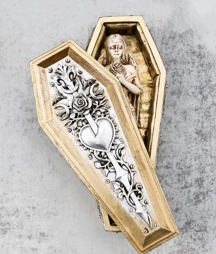 ebros gift Vampiress Dracula Queen Bride Figurine With Floral Heart Sword Coffin Casket Box