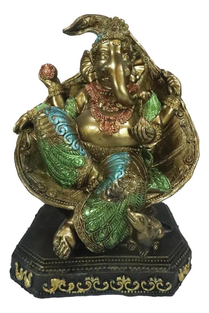 Ebros Gift Vastu Hindu God Ganesha Wearing Peacock Train Seated On Peepal Leaf Figurine