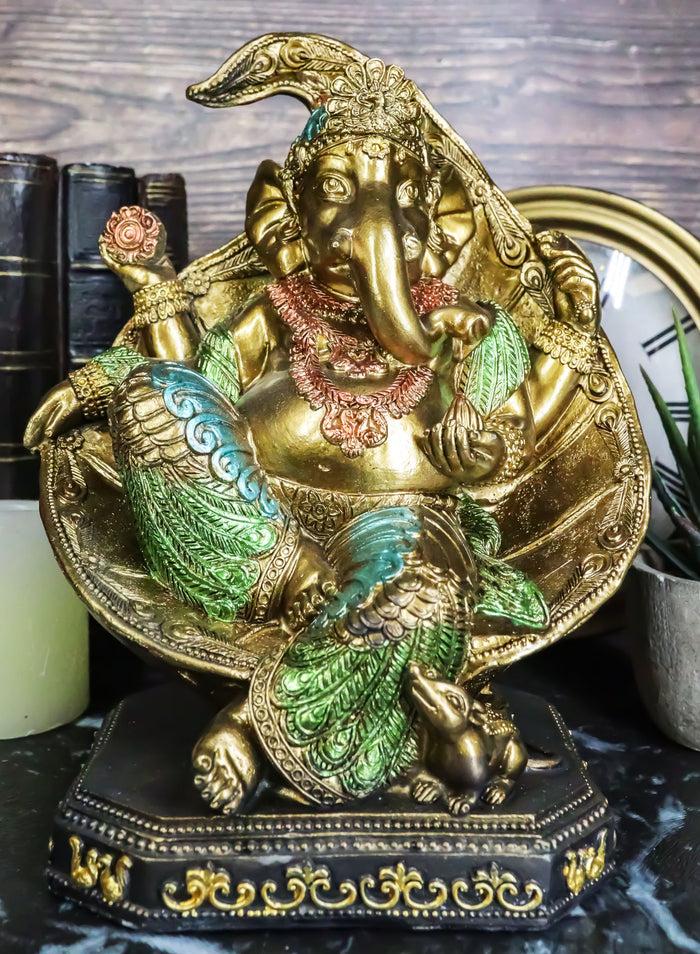 ebros gift Vastu Hindu God Ganesha Wearing Peacock Train Seated On Peepal Leaf Figurine