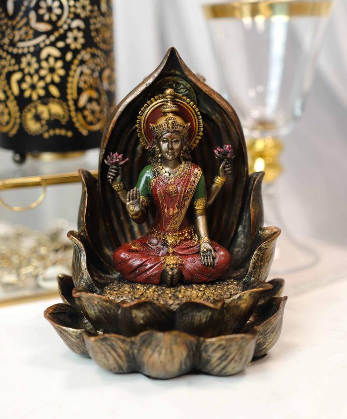 ebros gift Vastu Hindu Goddess Lakshmi Seated On Lotus Backflow Incense Cone Burner Statue