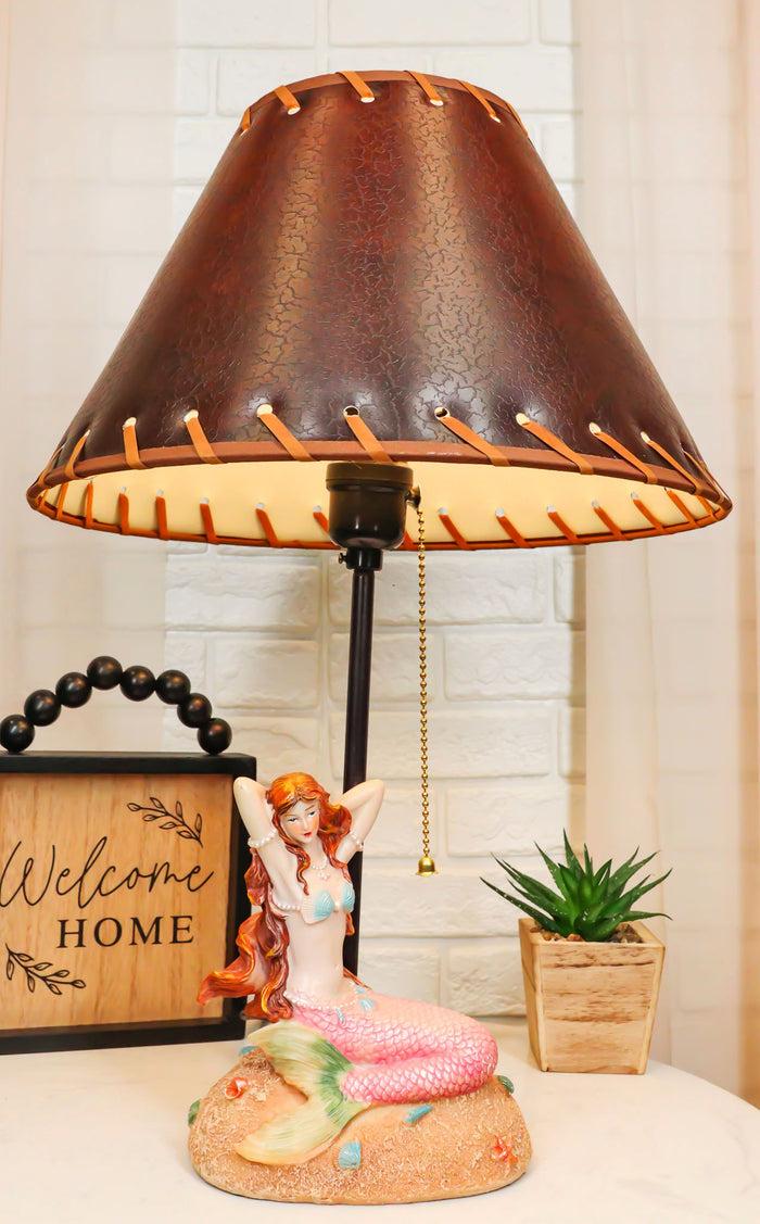 ebros gift Venus Making Up Marine Sea Siren Mermaid With Pink Tail And Red Hair Table Lamp