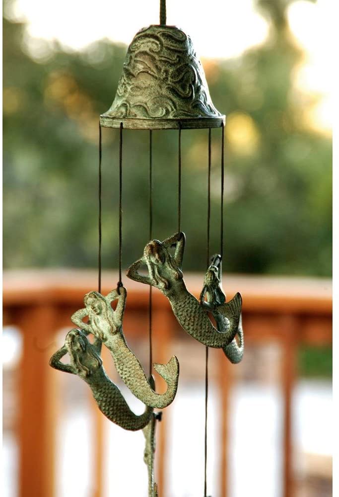 ebros gift Verdi Green Brass Metal Nautical Sleeping Mermaid Wind Chime Sirens Of The Seas