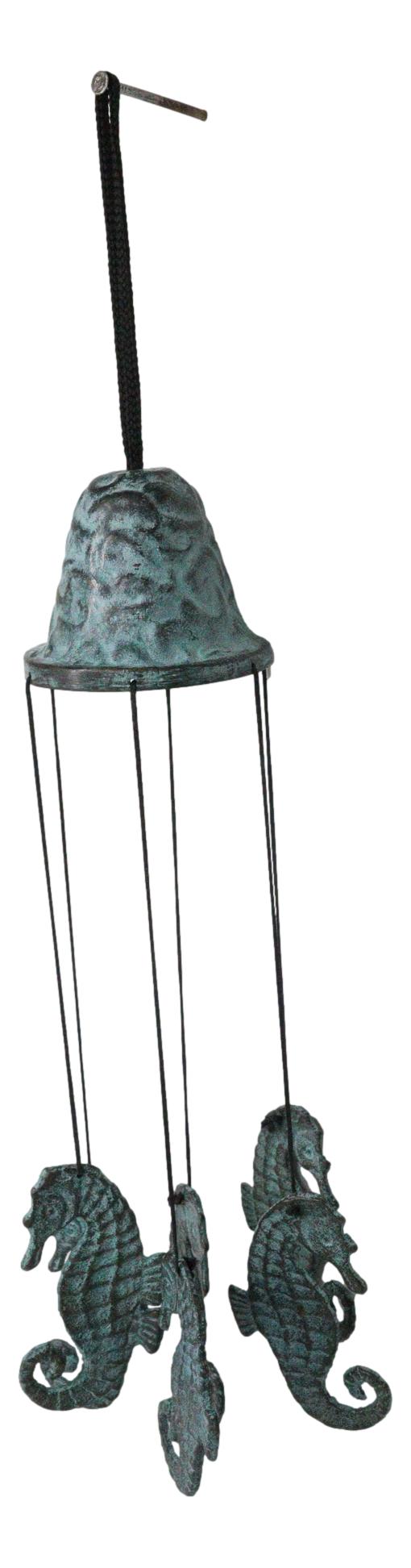 Ebros Gift Verdigris Distressed Brass Metal Nautical Bell With Marine Seahorses Wind Chime