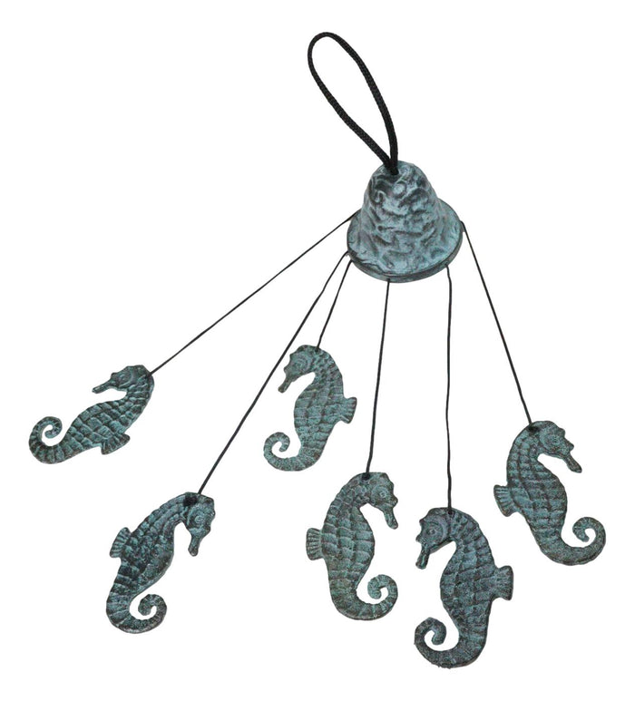 Ebros Gift Verdigris Distressed Brass Metal Nautical Bell With Marine Seahorses Wind Chime