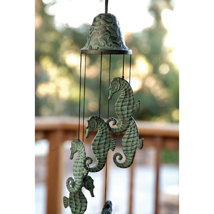 ebros gift Verdigris Distressed Brass Metal Nautical Bell With Marine Seahorses Wind Chime