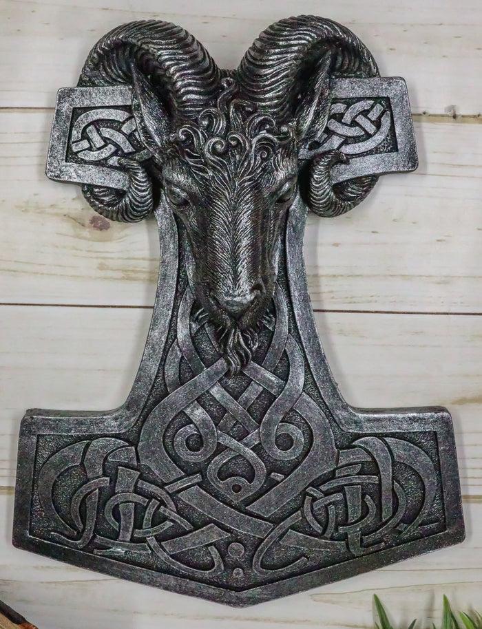ebros gift Viking Ram Skull God Thor Hammer Mjolnir With Runes Knotwork Wall Decor Plaque