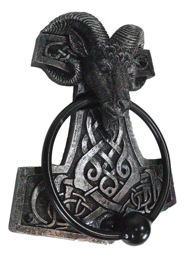 Ebros Gift Viking Ram Skull Thor Hammer Mjolnir With Runes Door Knocker W/ Built In Struck