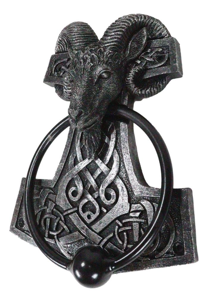 Ebros Gift Viking Ram Skull Thor Hammer Mjolnir With Runes Door Knocker W/ Built In Struck