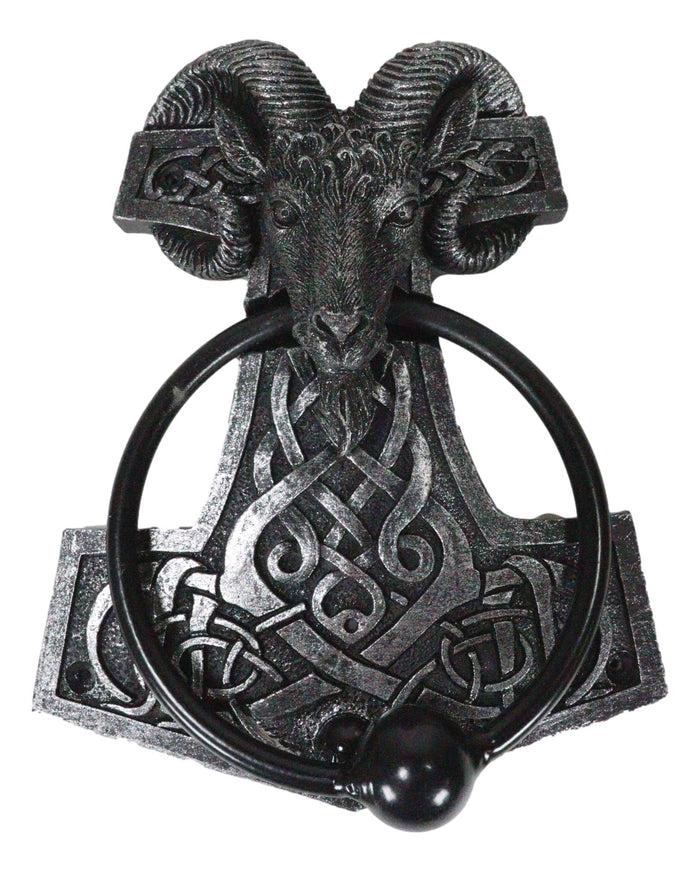 Ebros Gift Viking Ram Skull Thor Hammer Mjolnir With Runes Door Knocker W/ Built In Struck
