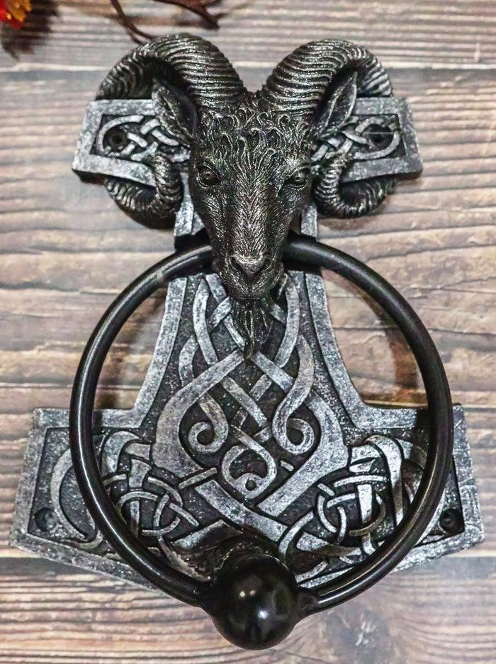 ebros gift Viking Ram Skull Thor Hammer Mjolnir With Runes Door Knocker W/ Built In Struck
