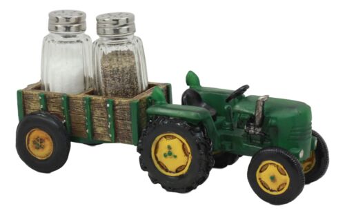 Ebros Gift Vintage Country Farm Green Tractor Pulling Wagon Salt And Pepper Shakers Holder