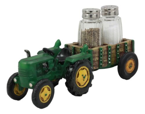 ebros gift Vintage Country Farm Green Tractor Pulling Wagon Salt And Pepper Shakers Holder