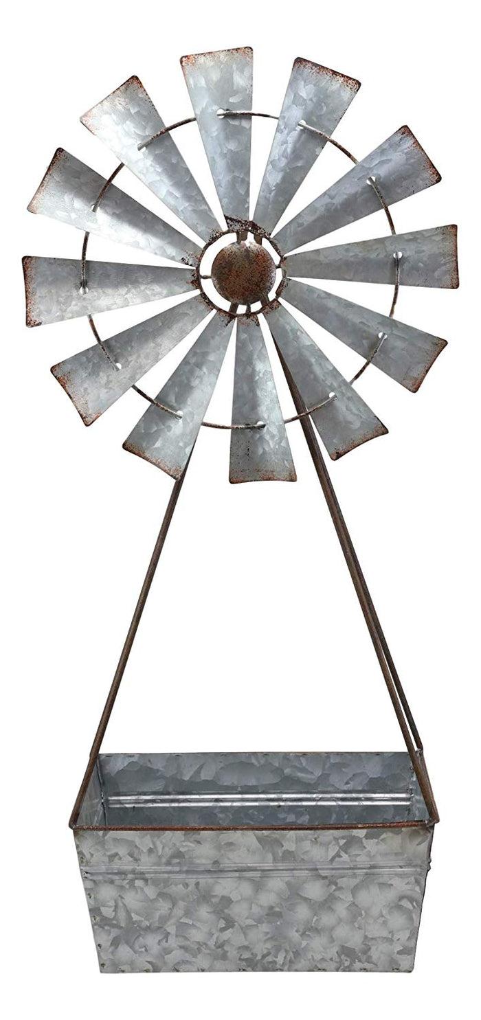 Ebros Gift Vintage Galvanized Metal Windmill Wall Hanging Basket Planter Mail Holder 25"H