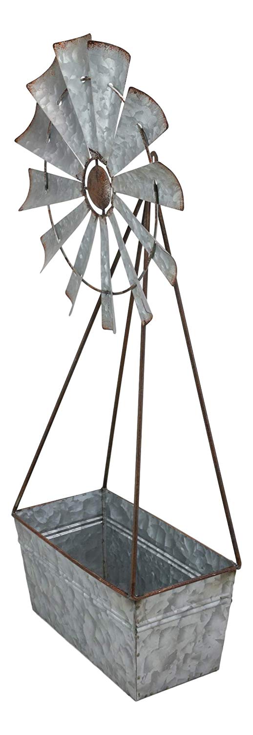 Ebros Gift Vintage Galvanized Metal Windmill Wall Hanging Basket Planter Mail Holder 25"H