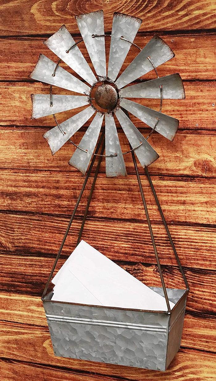ebros gift Vintage Galvanized Metal Windmill Wall Hanging Basket Planter Mail Holder 25"H