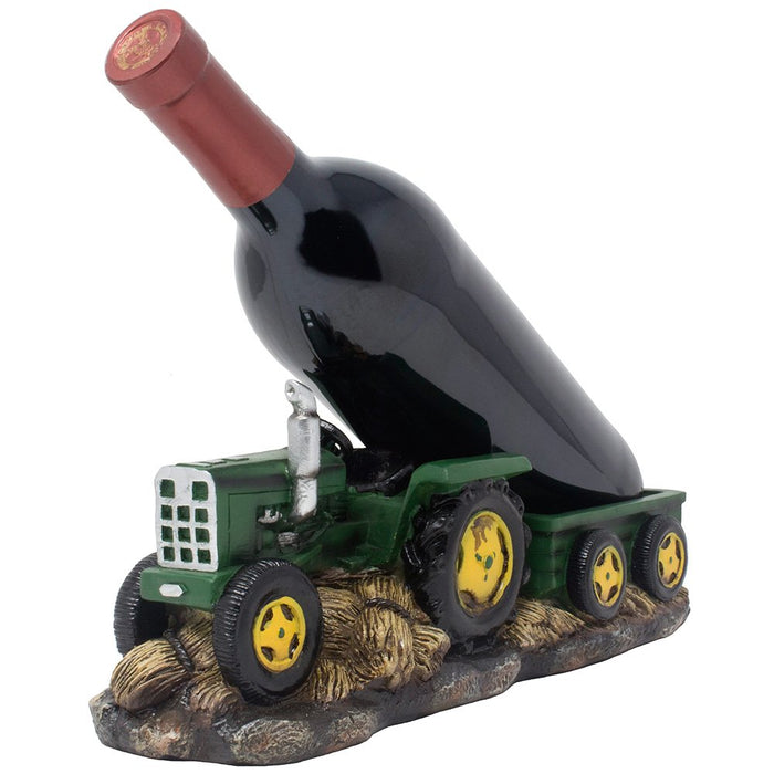 Ebros Gift Vintage Old Fashioned Green Harvest Farm Tractor With Trailer Wine Holder 11"L