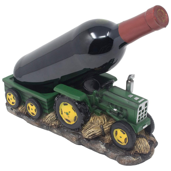 ebros gift Vintage Old Fashioned Green Harvest Farm Tractor With Trailer Wine Holder 11"L