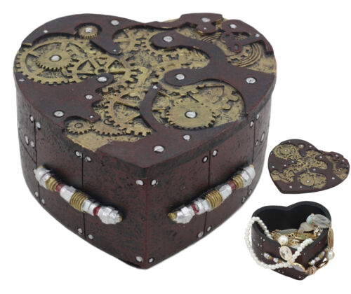 ebros gift Vintage Painted Clockwork Gears Steampunk Heart Box Figurine 4.5"Wide Valentine