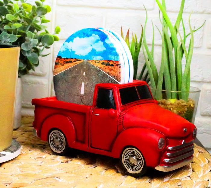 ebros gift Vintage Red Pickup Truck Hauling Road Trip Route 66 Decal Coasters Figurine Set