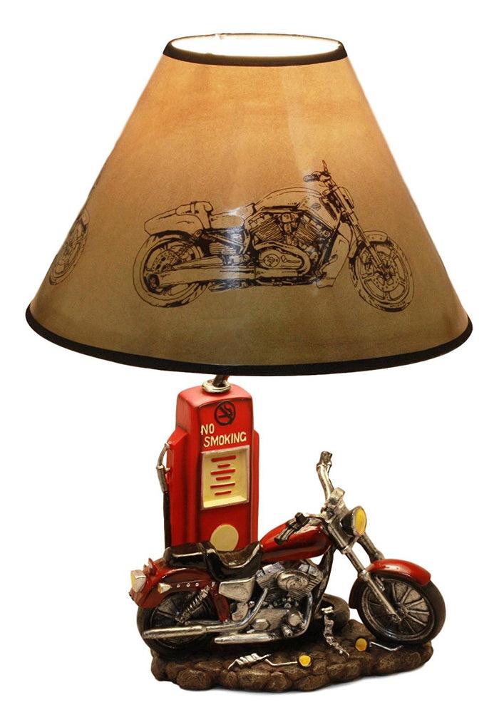 Ebros Gift Vintage Retro Red Motorcycle By Classic Gas Pump Desktop Table Lamp 19"Tall