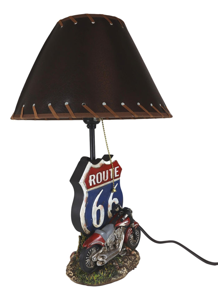 Ebros Gift Vintage Retro Red Motorcycle By Route 66 Highway Sign Desktop Table Lamp 19"Tall