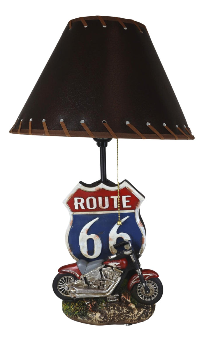 Ebros Gift Vintage Retro Red Motorcycle By Route 66 Highway Sign Desktop Table Lamp 19"Tall