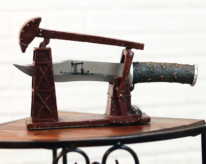 ebros gift Vintage Rustic Pumpjack Oil Derrick Rig Display With Decorative Dagger Knife Set