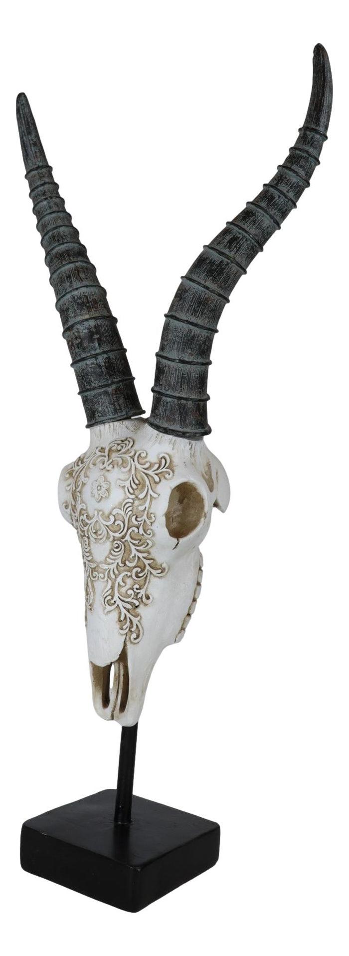 Ebros Gift Vintage Tribal Knotwork African Antelope Skull On Museum Pole Mount Base Statue