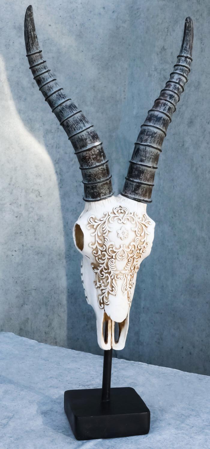 ebros gift Vintage Tribal Knotwork African Antelope Skull On Museum Pole Mount Base Statue