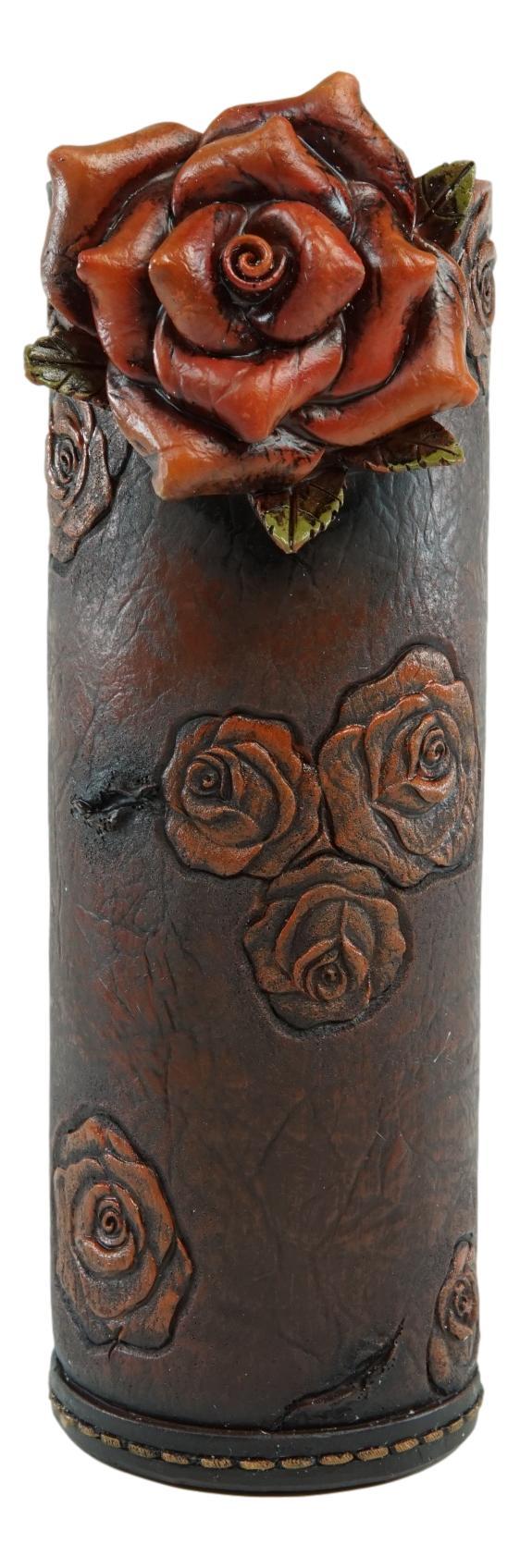 Ebros Gift Vintage Western Blooming Floral Red Roses Faux Tooled Leather Flower Tube Vase