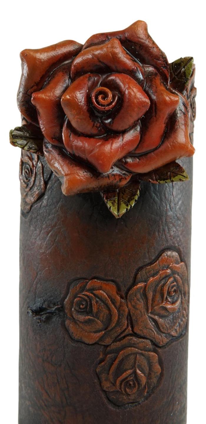 Ebros Gift Vintage Western Blooming Floral Red Roses Faux Tooled Leather Flower Tube Vase