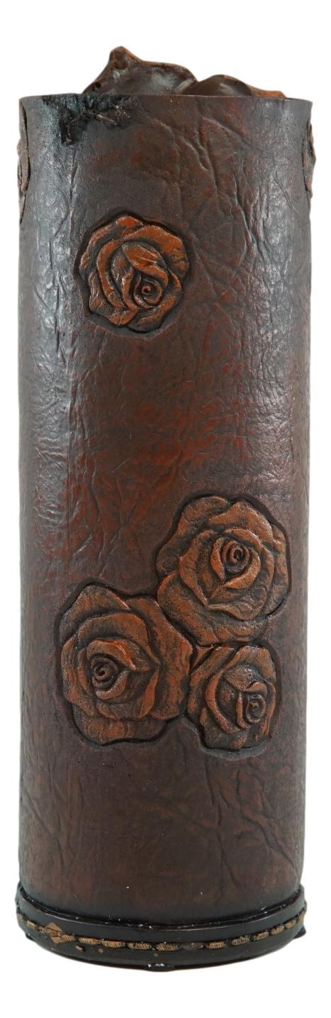 Ebros Gift Vintage Western Blooming Floral Red Roses Faux Tooled Leather Flower Tube Vase