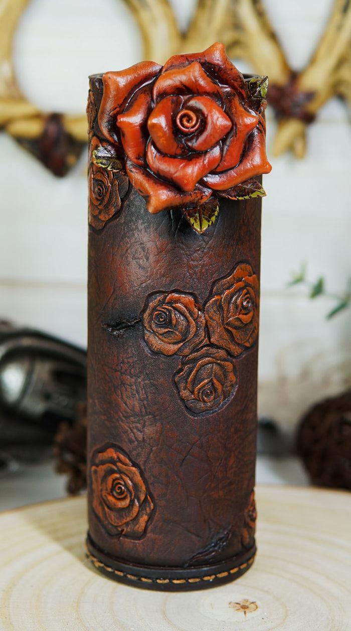 ebros gift Vintage Western Blooming Floral Red Roses Faux Tooled Leather Flower Tube Vase