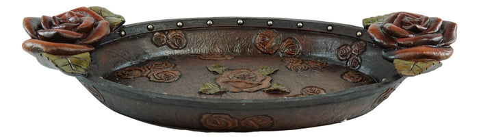Ebros Gift Vintage Western Red Roses Faux Tooled Leather Jewelry Tray Fruit Platter Dish