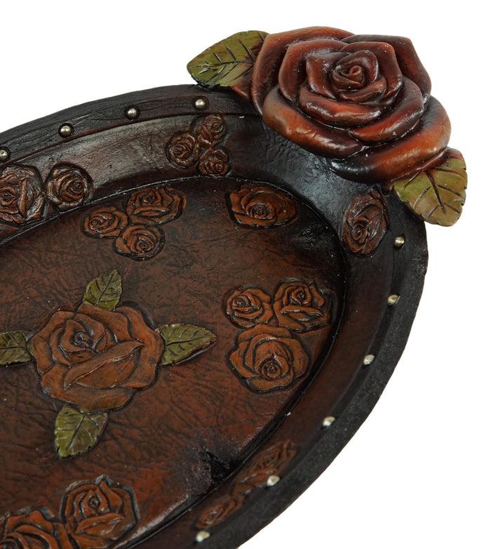 Ebros Gift Vintage Western Red Roses Faux Tooled Leather Jewelry Tray Fruit Platter Dish