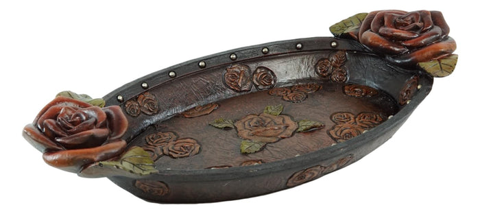 Ebros Gift Vintage Western Red Roses Faux Tooled Leather Jewelry Tray Fruit Platter Dish