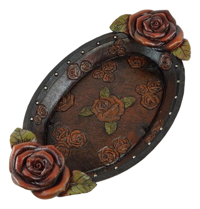ebros gift Vintage Western Red Roses Faux Tooled Leather Jewelry Tray Fruit Platter Dish