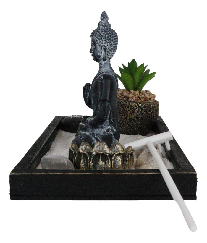 Ebros Gift Vitarka Mudra Buddha Zen Garden With Lotus Candle Holder Sand Faux Succulent