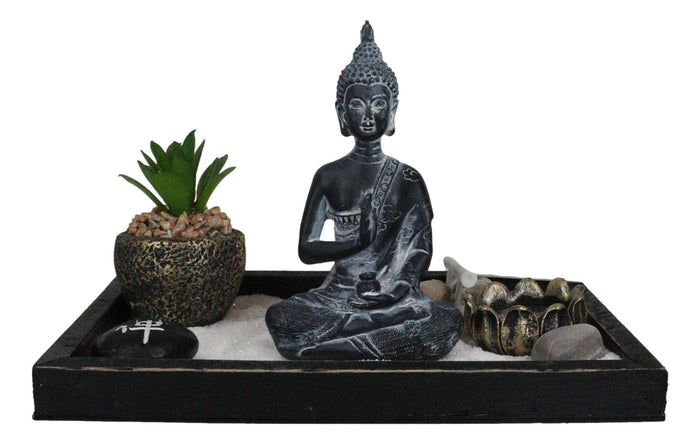 Ebros Gift Vitarka Mudra Buddha Zen Garden With Lotus Candle Holder Sand Faux Succulent