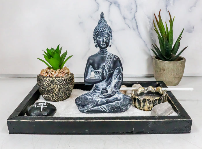 ebros gift Vitarka Mudra Buddha Zen Garden With Lotus Candle Holder Sand Faux Succulent