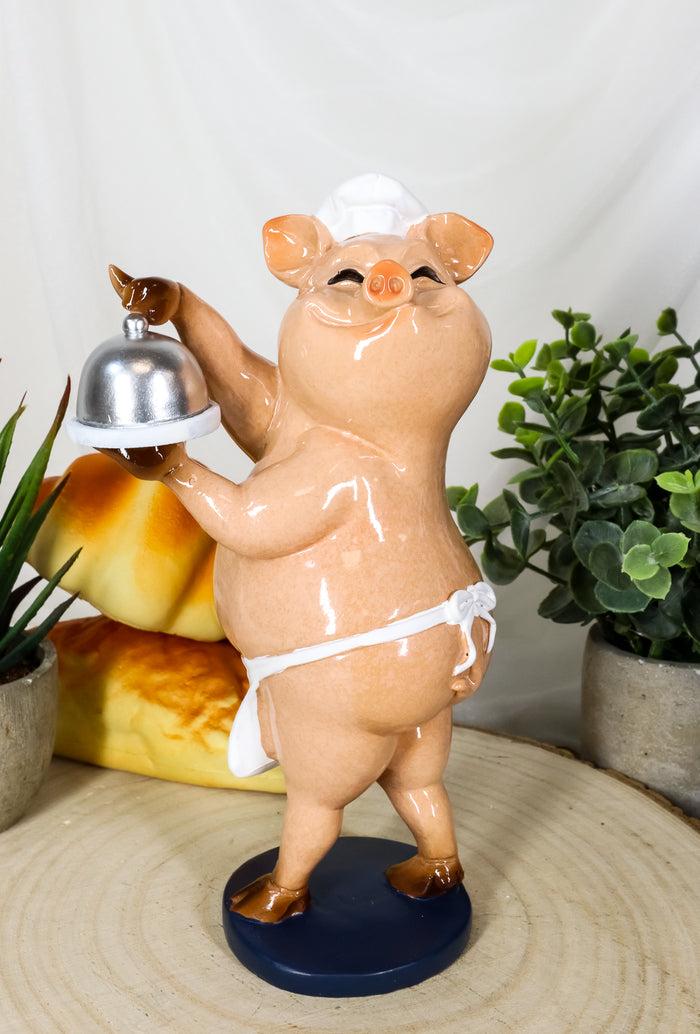 Ebros Gift Voluptuous Bistro Chef Porkie The Pig With Service Plate And Cloche Dome Statue