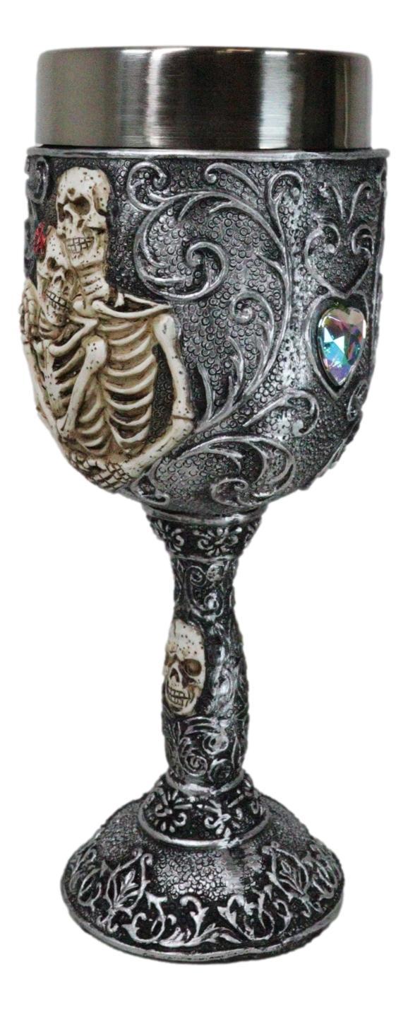 Ebros Gift Wedding Cameo Skeletons Bridal Couple Love Never Dies Heart Crystals Wine Goblet